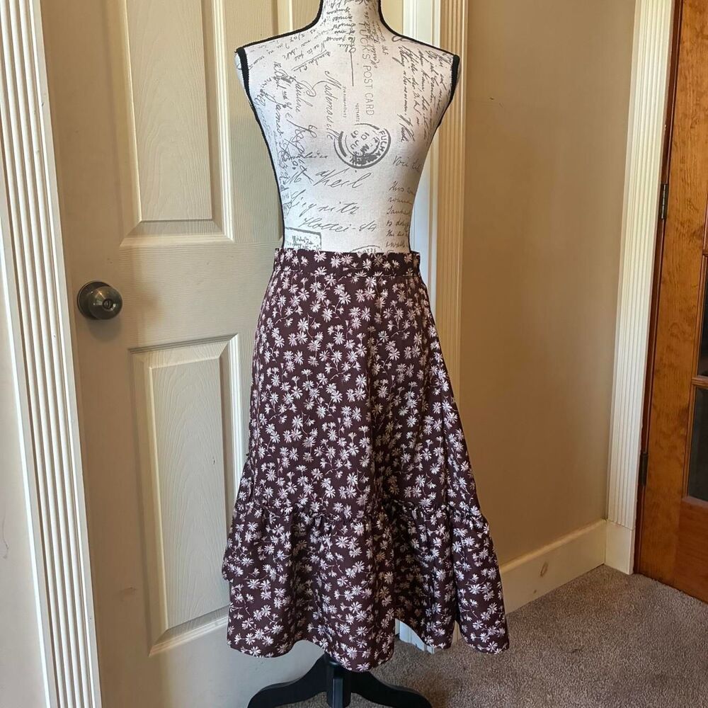 Vtg Brown Floral A-Line Midi Skirt